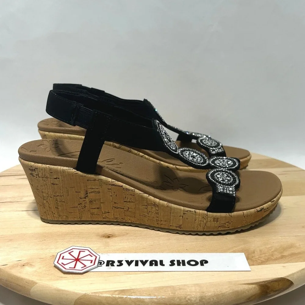 NWT Women's Skechers Beverlee Date Glam Wedge Black Sandal - Size 7